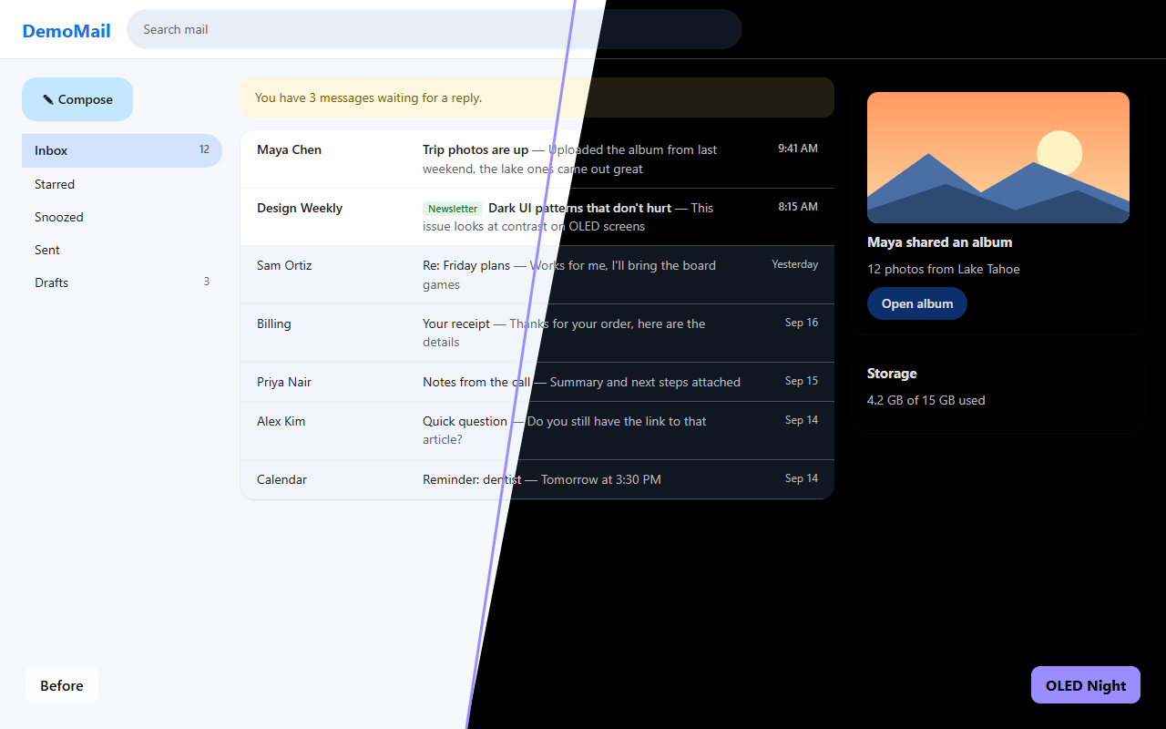 The same email inbox before and after OLED Night: the left half is bright white, the right half is true black with readable text and the photo unchanged.