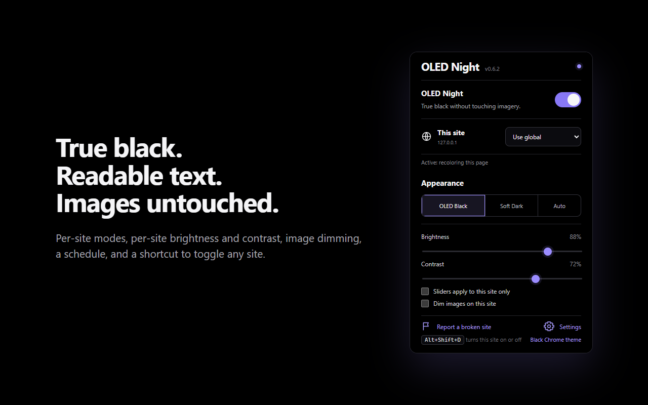 The OLED Night popup: main switch, site mode menu, appearance options, brightness and contrast sliders, and per-site options.
